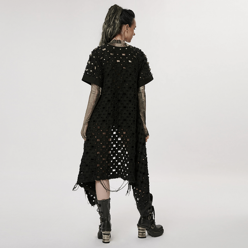 Black Ripped Twill Long Cardigan-Cape with Skull Rivets