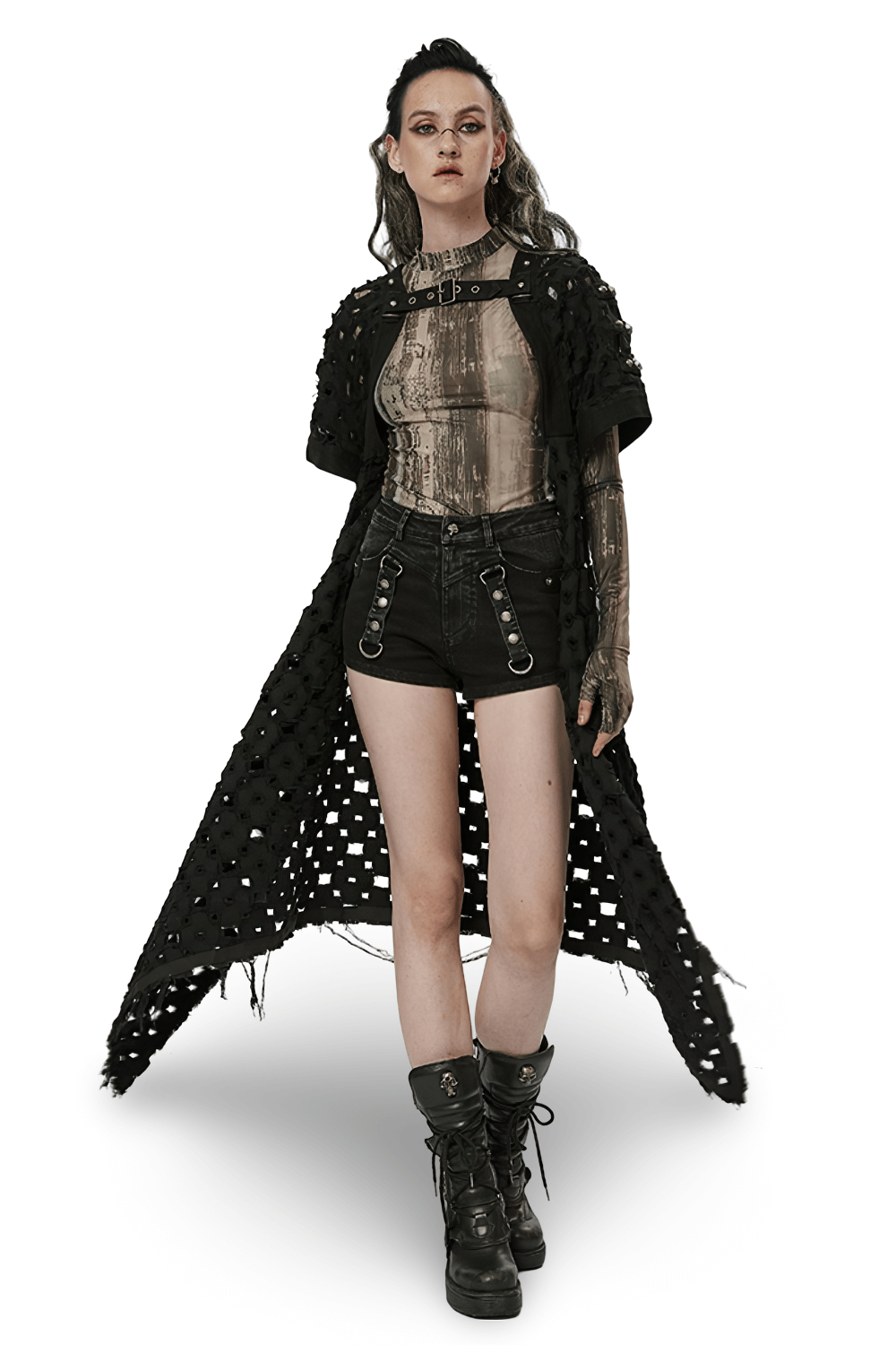 Black Ripped Twill Long Cardigan-Cape with Skull Rivets