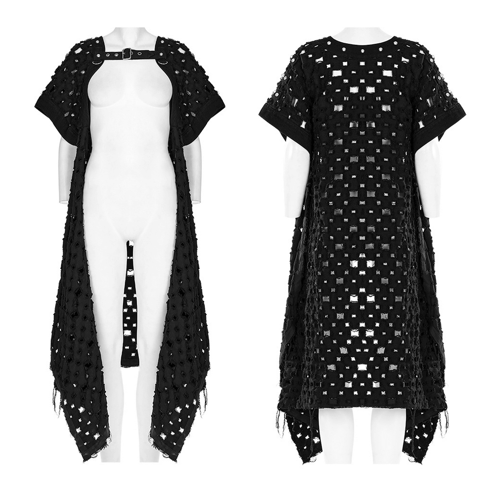 Black Ripped Twill Long Cardigan-Cape with Skull Rivets