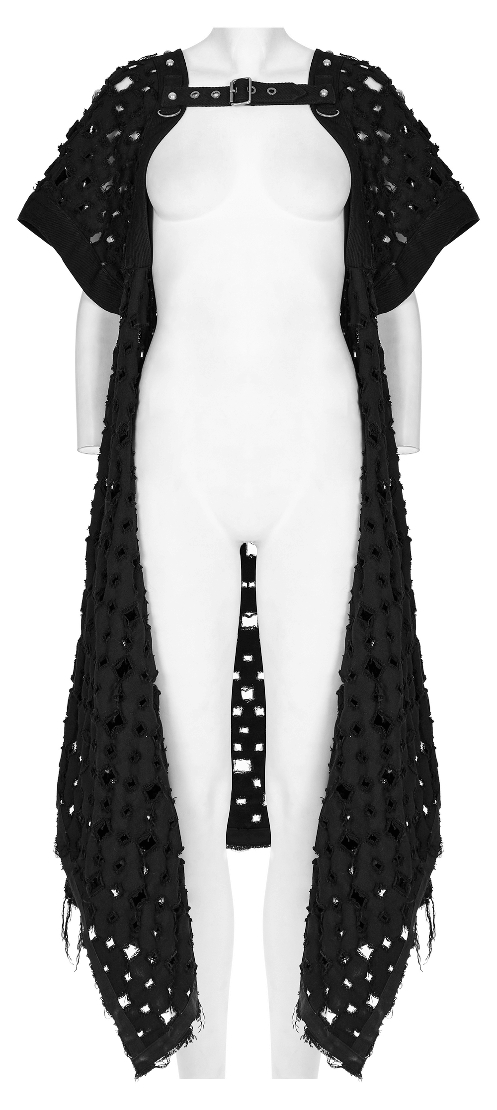 Black Ripped Twill Long Cardigan-Cape with Skull Rivets