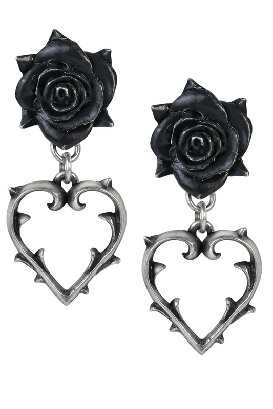 Black Rose and Heart Earrings with Pewter Detailing
