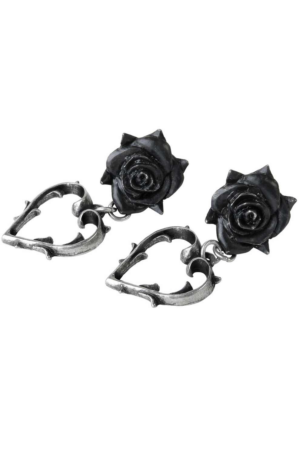Black Rose and Heart Earrings with Pewter Detailing