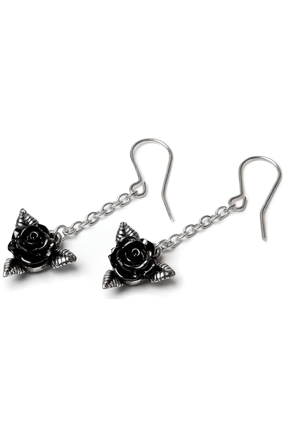 Black Rose Dropper Earrings with Silver Leaves