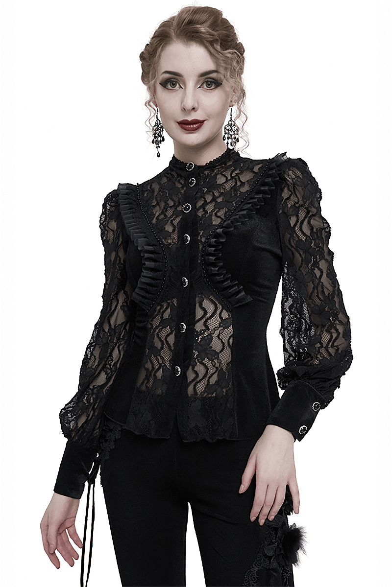 Black Sexy Lace Ruffle Long Sleeves Shirt for Women / Gothic Velvet Blouse with Stand Collar