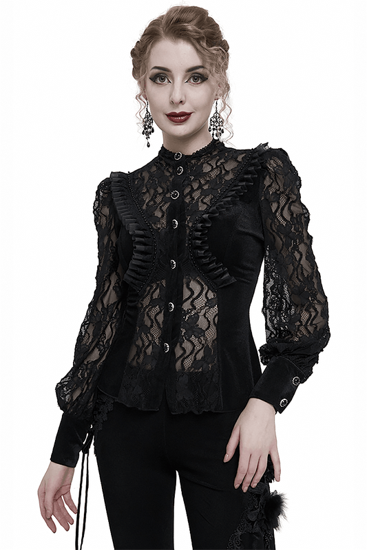 Black Sexy Lace Ruffle Long Sleeves Shirt for Women / Gothic Velvet Blouse with Stand Collar