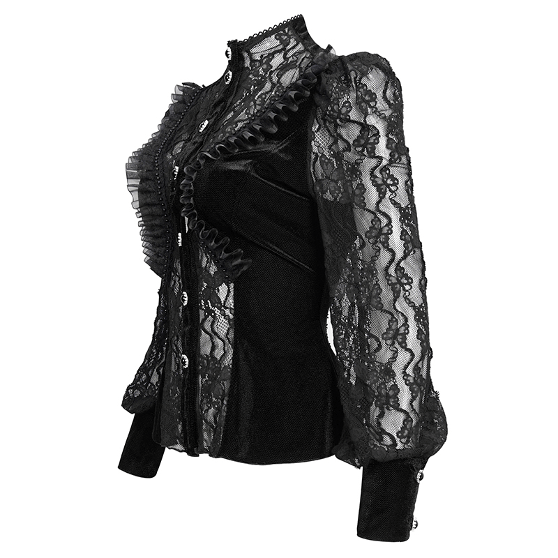 Black Sexy Lace Ruffle Long Sleeves Shirt for Women / Gothic Velvet Blouse with Stand Collar
