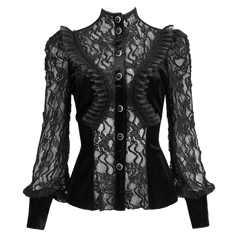 Black Sexy Lace Ruffle Long Sleeves Shirt for Women / Gothic Velvet Blouse with Stand Collar