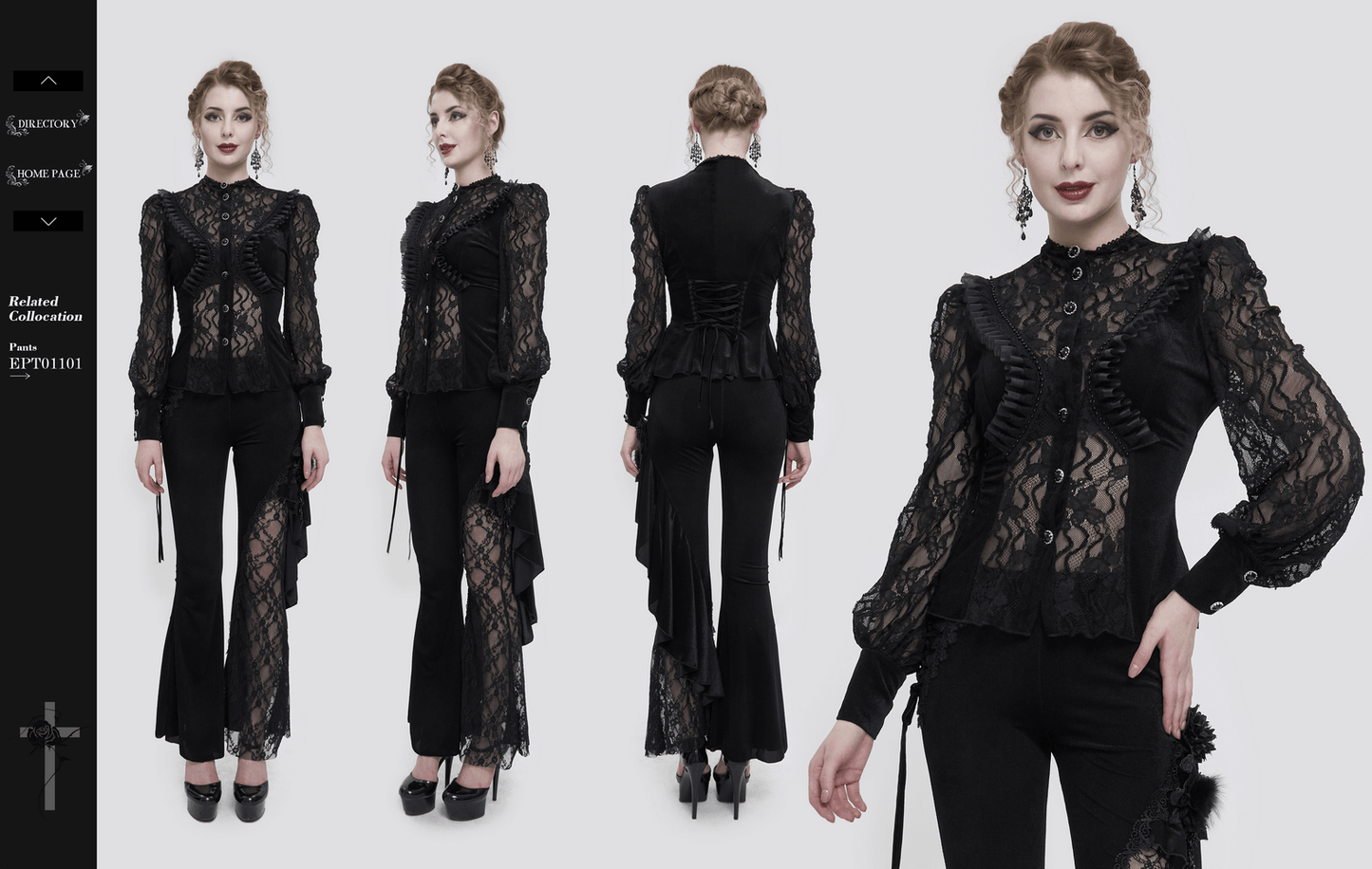 Black Sexy Lace Ruffle Long Sleeves Shirt for Women / Gothic Velvet Blouse with Stand Collar