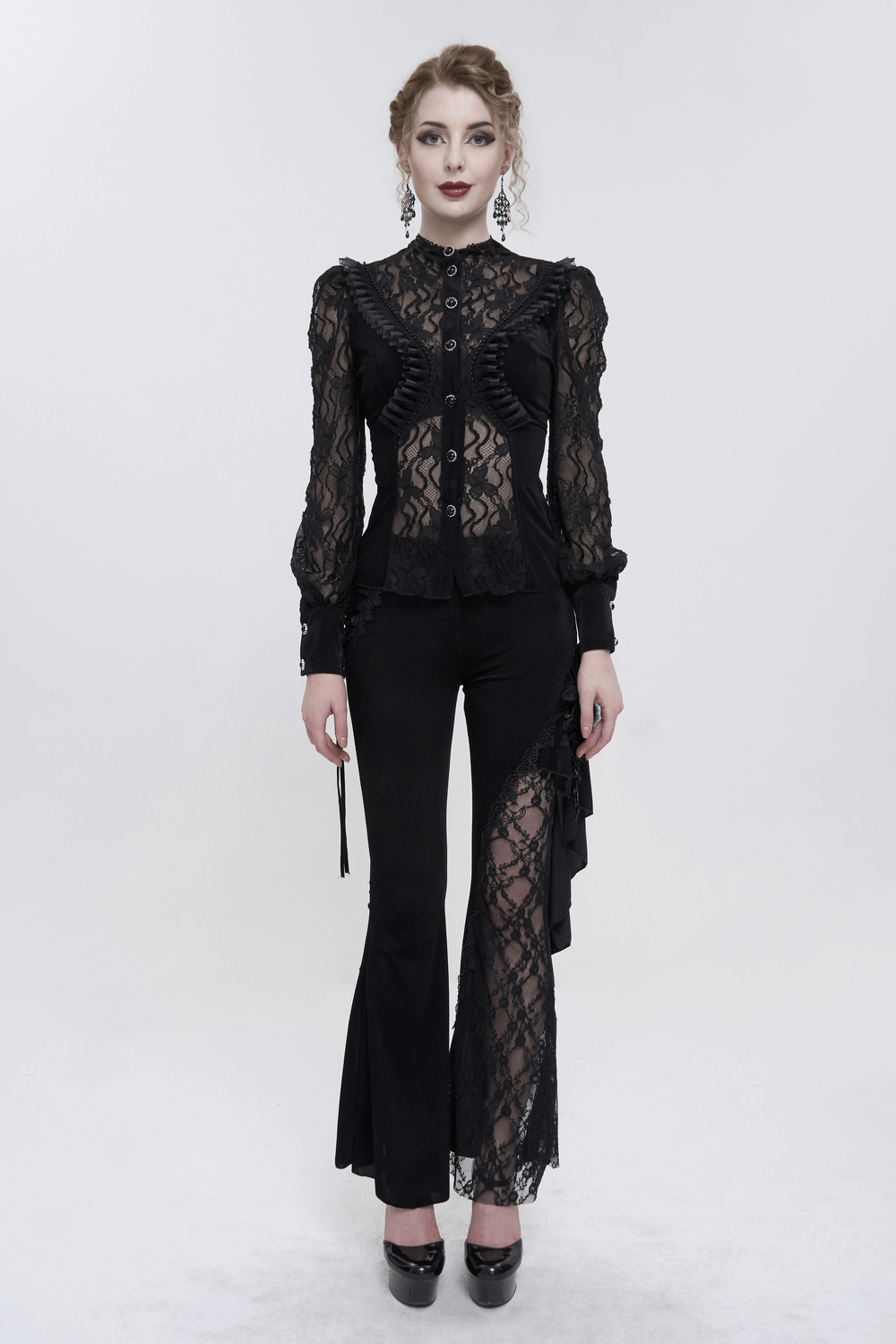 Black Sexy Lace Ruffle Long Sleeves Shirt for Women / Gothic Velvet Blouse with Stand Collar