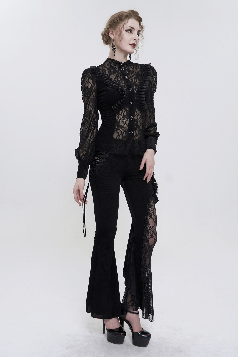 Black Sexy Lace Ruffle Long Sleeves Shirt for Women / Gothic Velvet Blouse with Stand Collar
