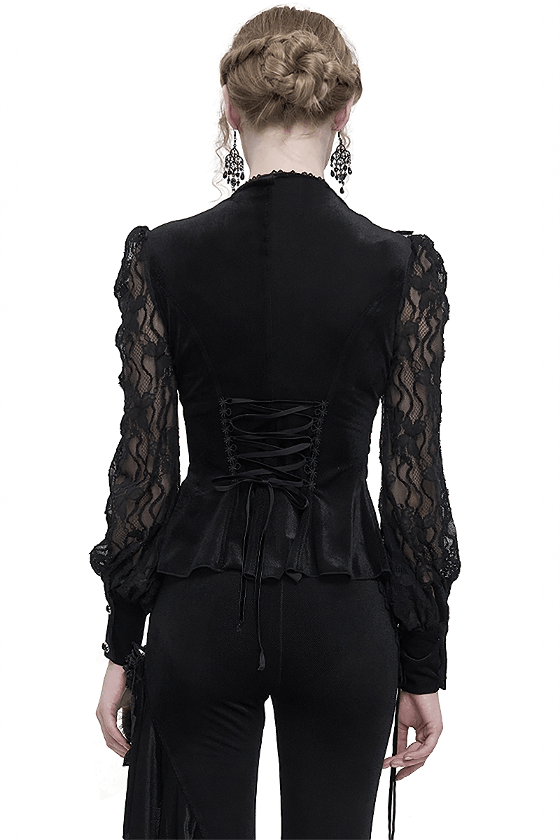 Black Sexy Lace Ruffle Long Sleeves Shirt for Women / Gothic Velvet Blouse with Stand Collar