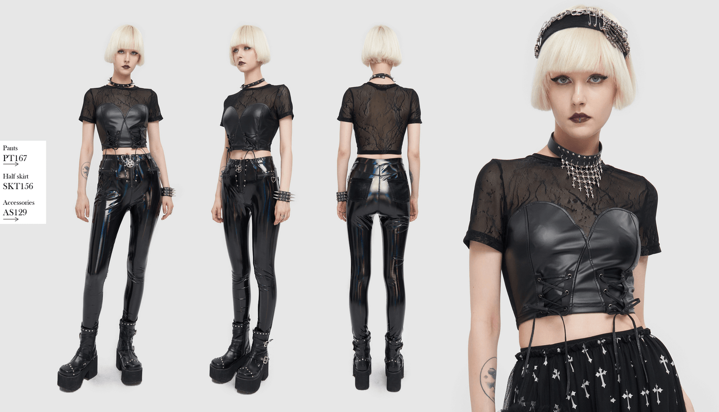 Black Sexy PU Leather Bustier Crop Top For Women / Punk Short Sleevees Top