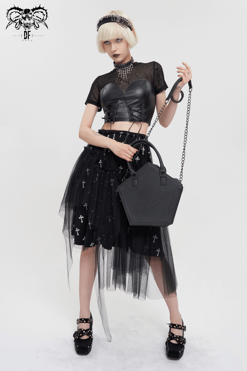 Black Sexy PU Leather Bustier Crop Top For Women / Punk Short Sleevees Top