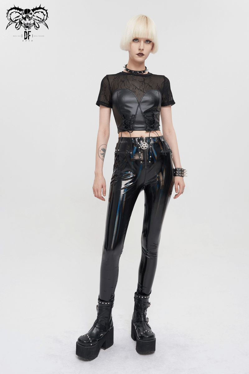 Black Sexy PU Leather Bustier Crop Top For Women / Punk Short Sleevees Top