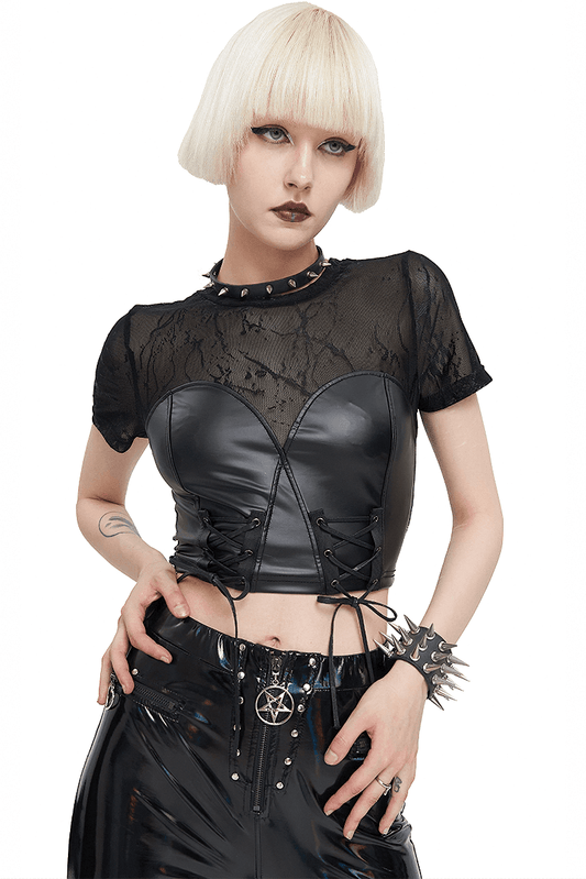Black Sexy PU Leather Bustier Crop Top For Women / Punk Short Sleevees Top