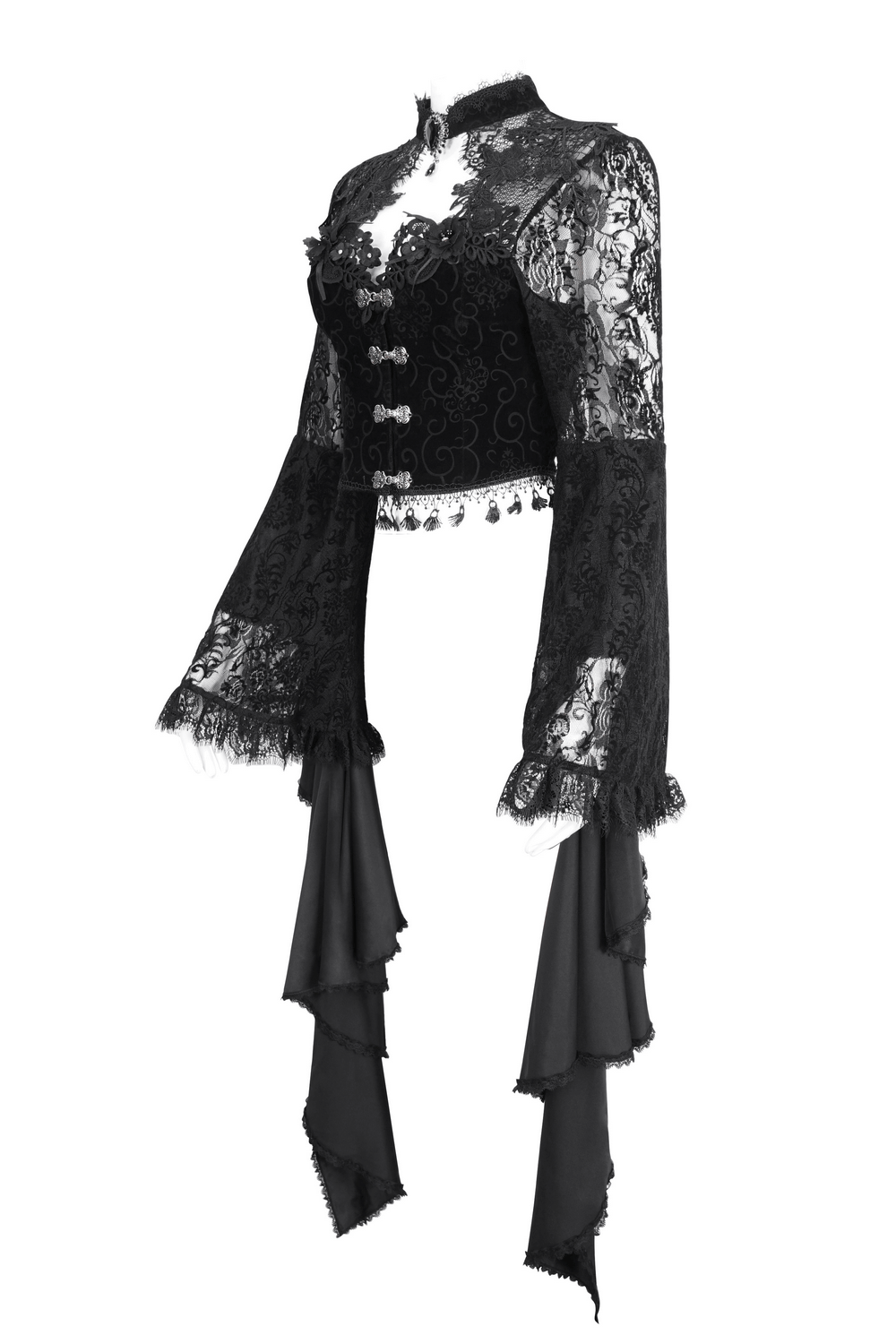 Black Sheer Lace Crop Top With Long Bell Sleeves