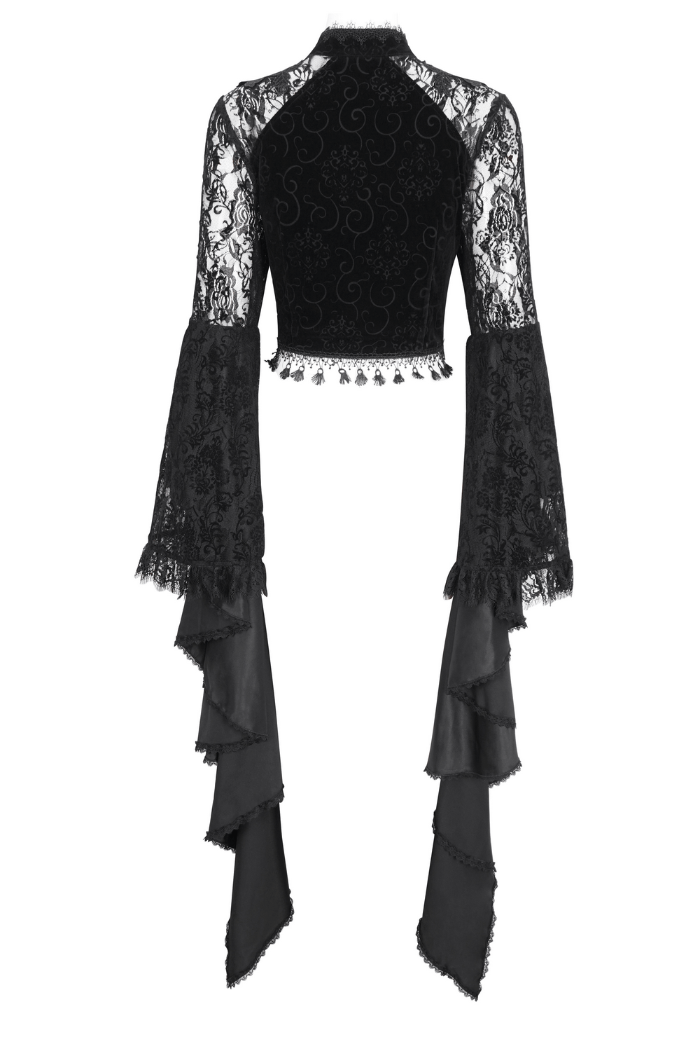 Black Sheer Lace Crop Top With Long Bell Sleeves