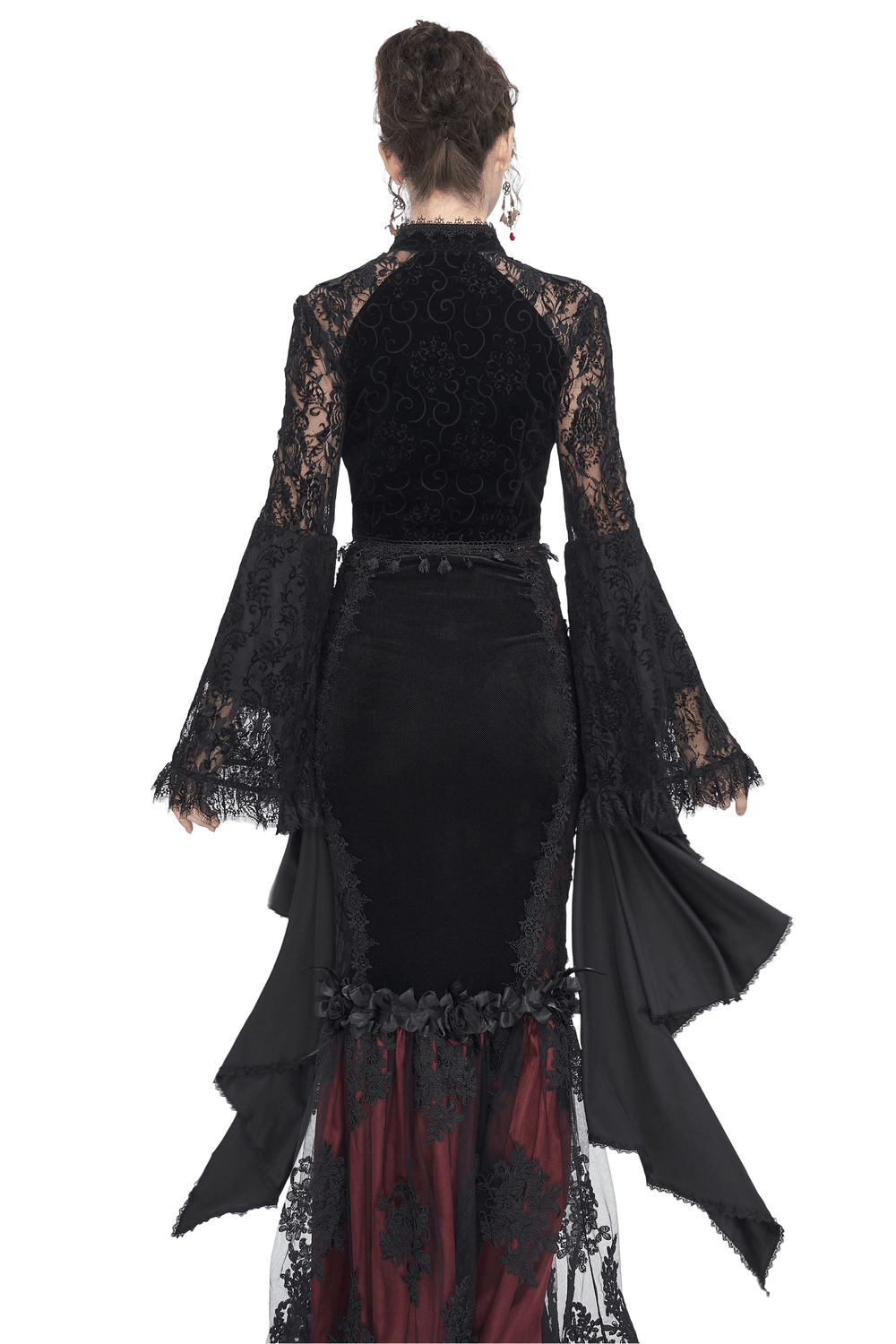 Black Sheer Lace Crop Top With Long Bell Sleeves
