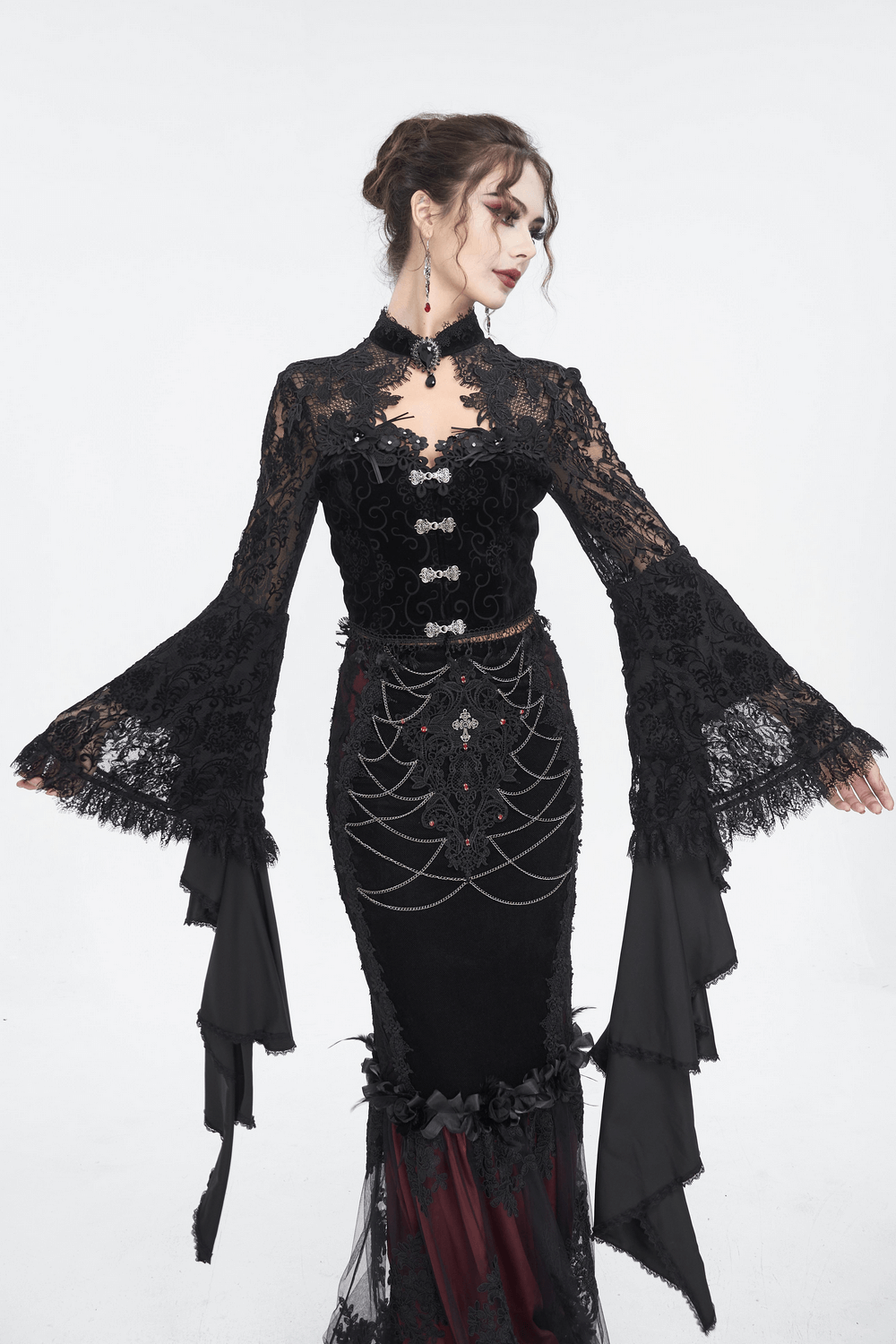 Black Sheer Lace Crop Top With Long Bell Sleeves