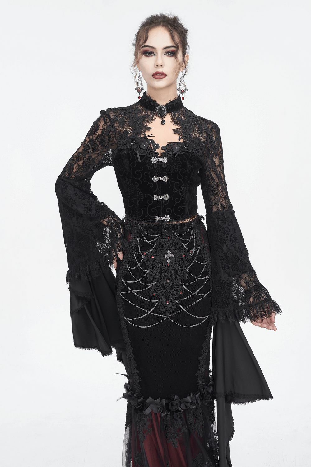 Black Sheer Lace Crop Top With Long Bell Sleeves