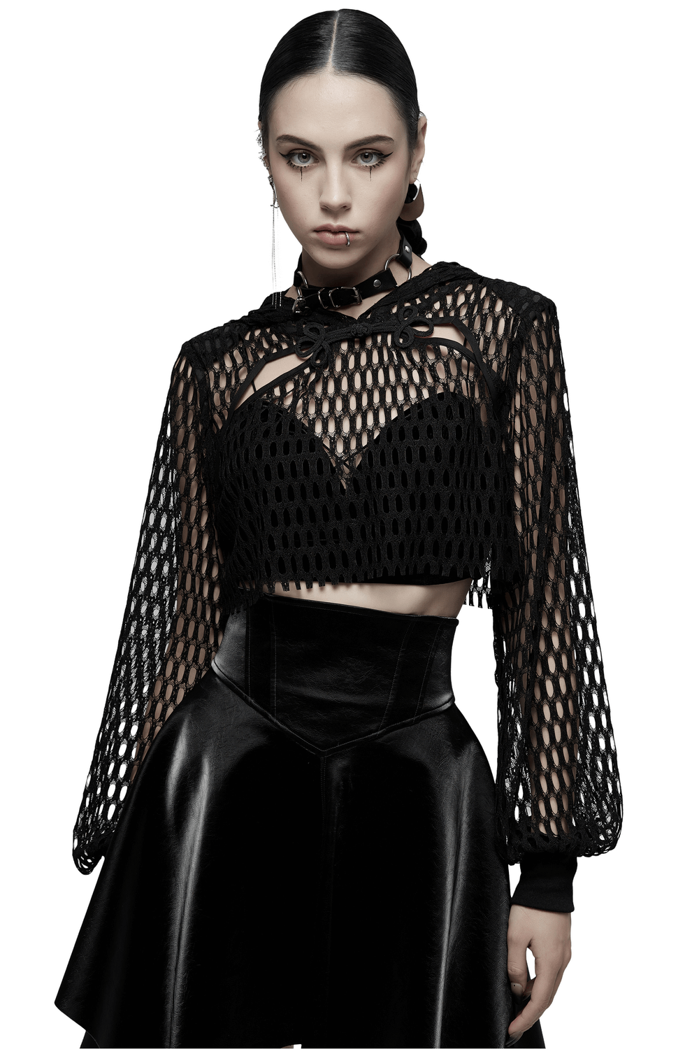 Black Sheer Mesh Crop Top Hoodie For Trendy Looks