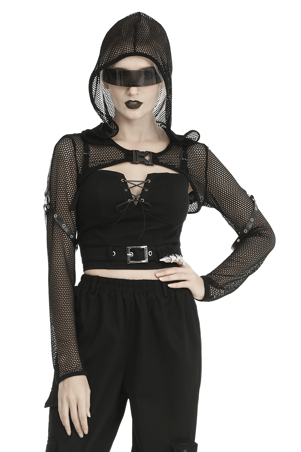 Black Sheer Mesh Hooded Top With Long Sleeves