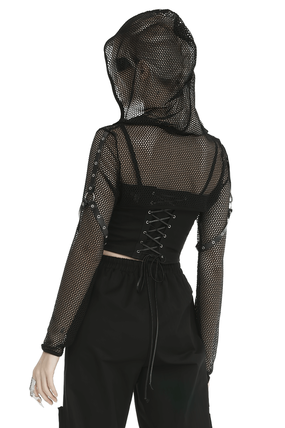 Black Sheer Mesh Hooded Top With Long Sleeves