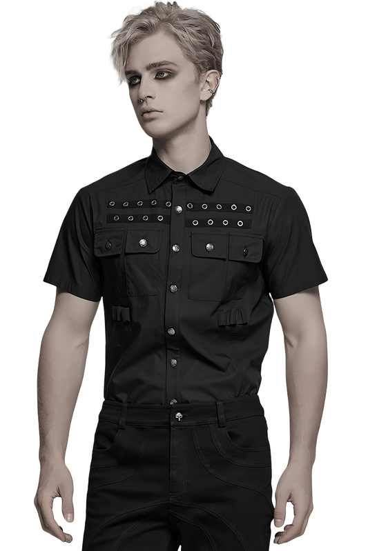 Black Short Sleeve Punk Shirt with Eyelet Detail