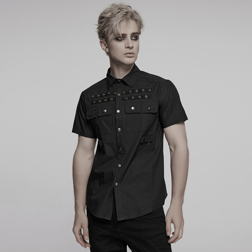 Black Short Sleeve Punk Shirt with Eyelet Detail