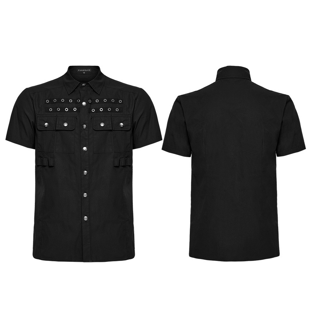 Black Short Sleeve Punk Shirt with Eyelet Detail