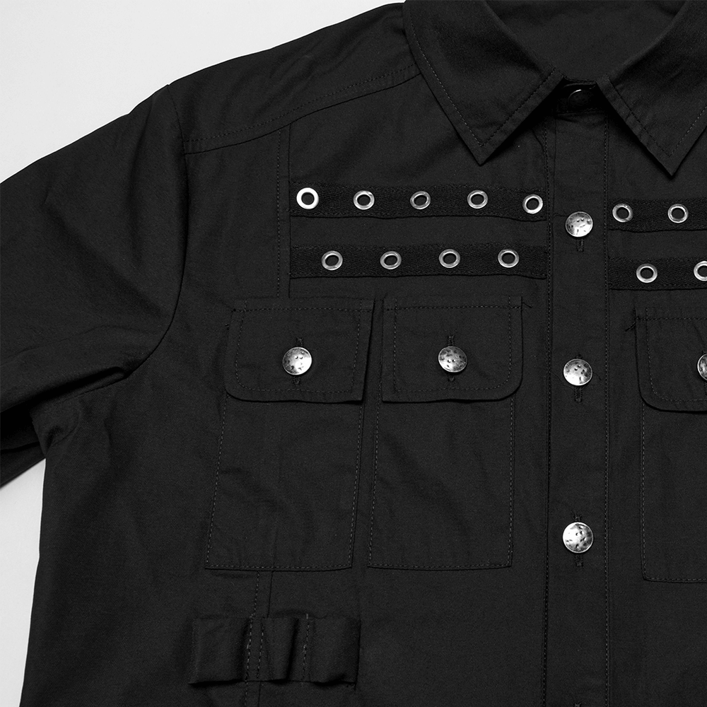 Black Short Sleeve Punk Shirt with Eyelet Detail