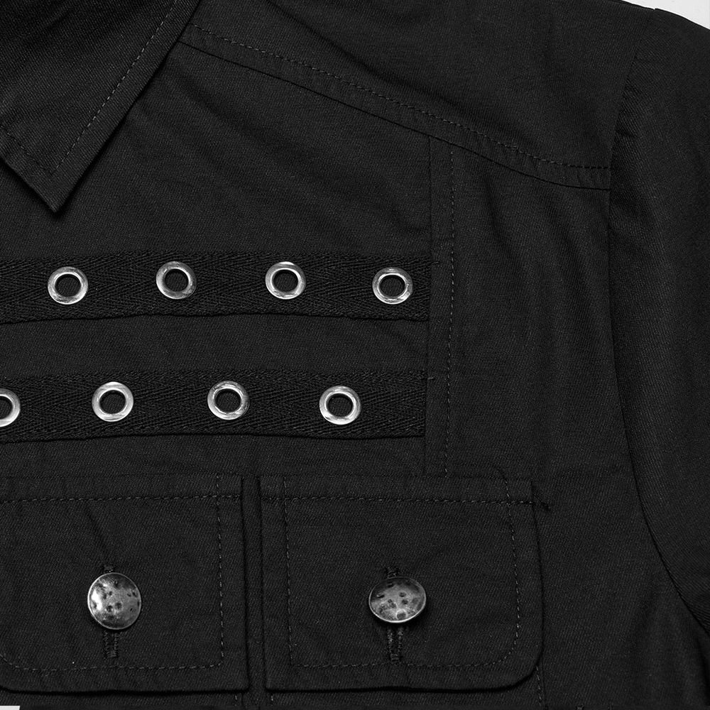 Black Short Sleeve Punk Shirt with Eyelet Detail