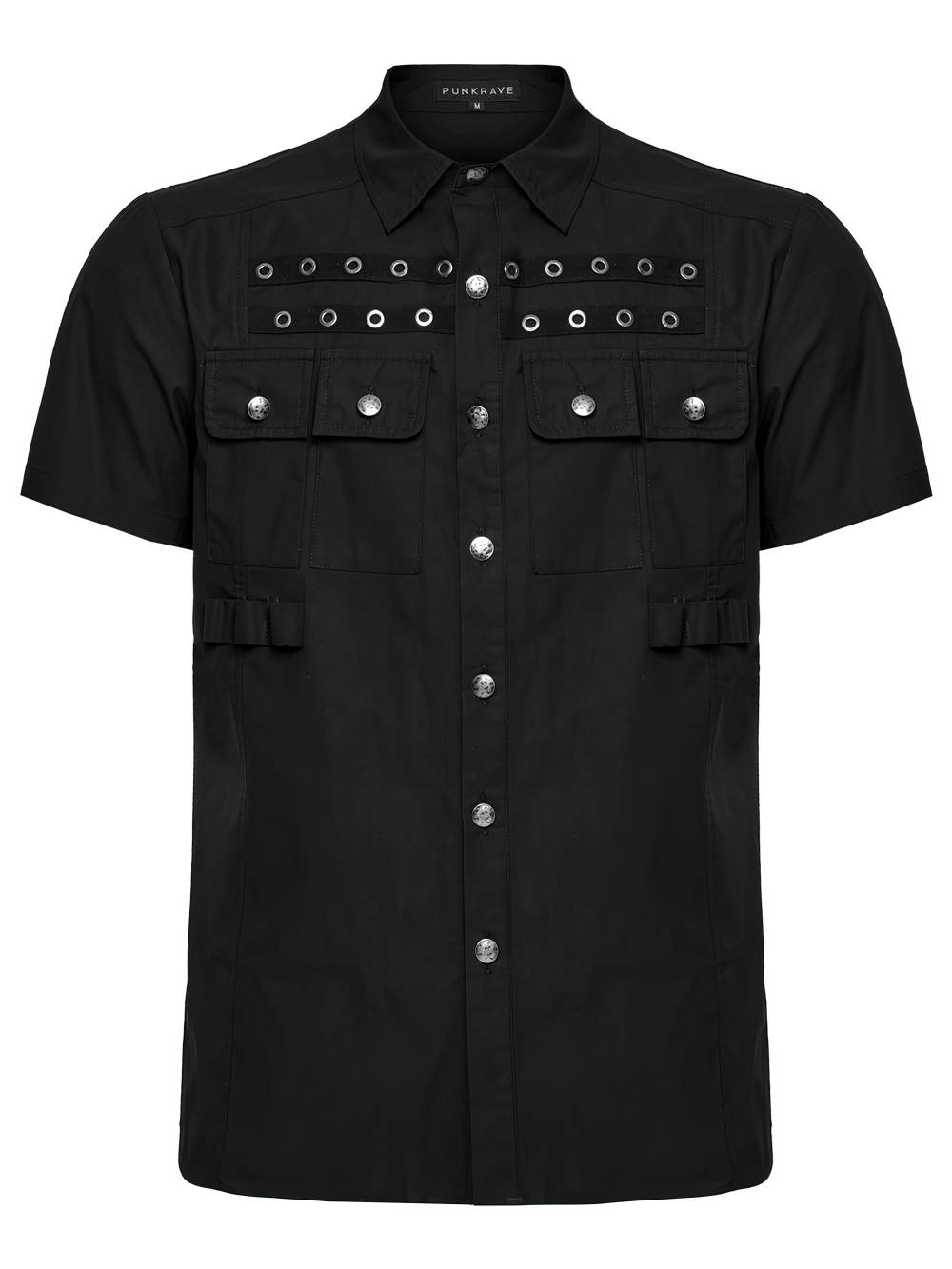 Black Short Sleeve Punk Shirt with Eyelet Detail