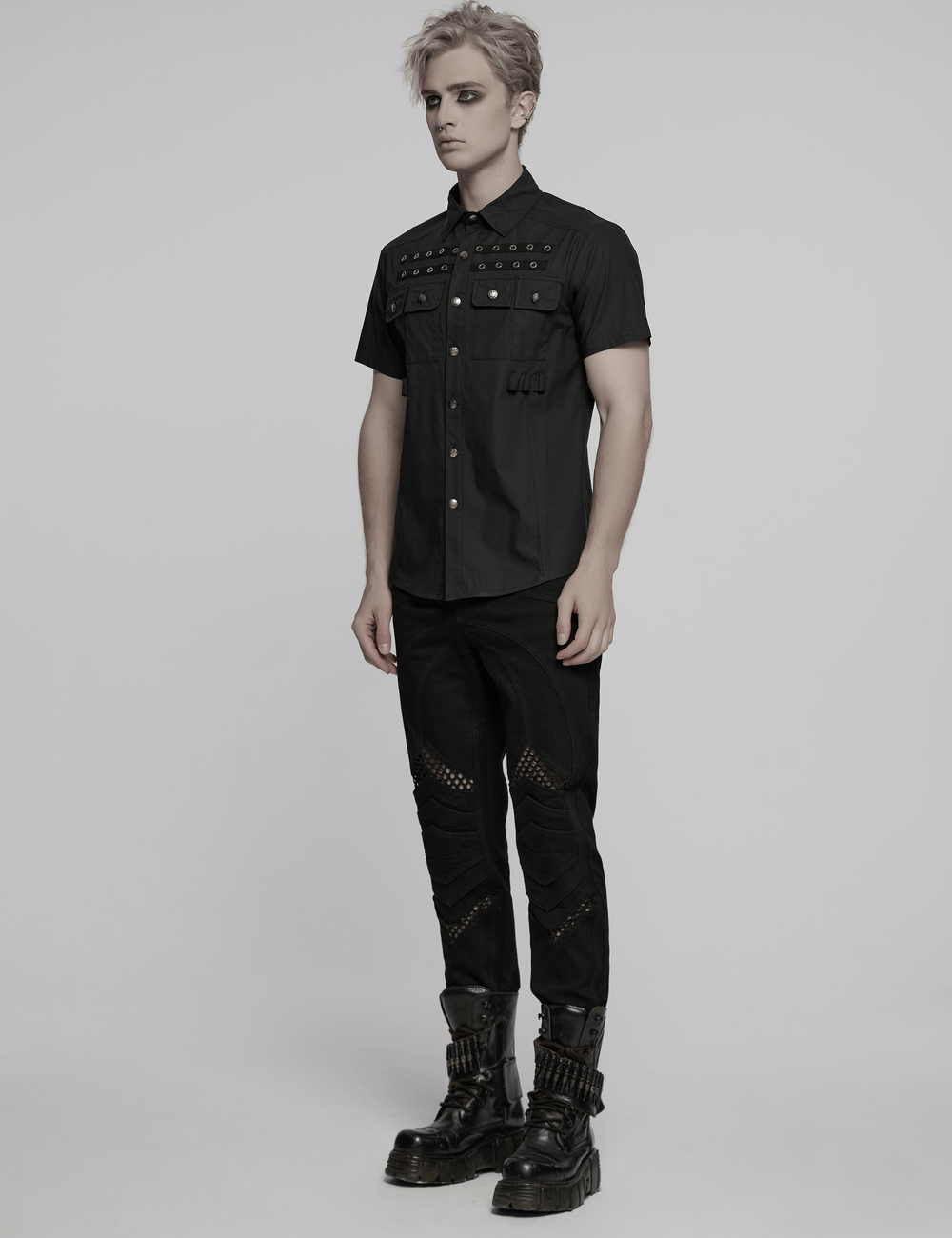 Black Short Sleeve Punk Shirt with Eyelet Detail