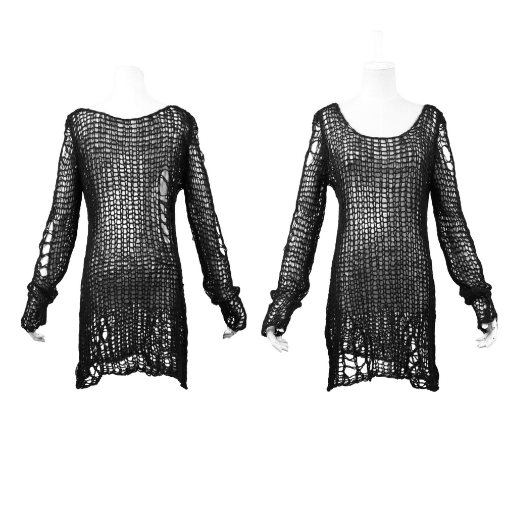 Black Shredded Knit Crocheted Sweater with Long Sleeves