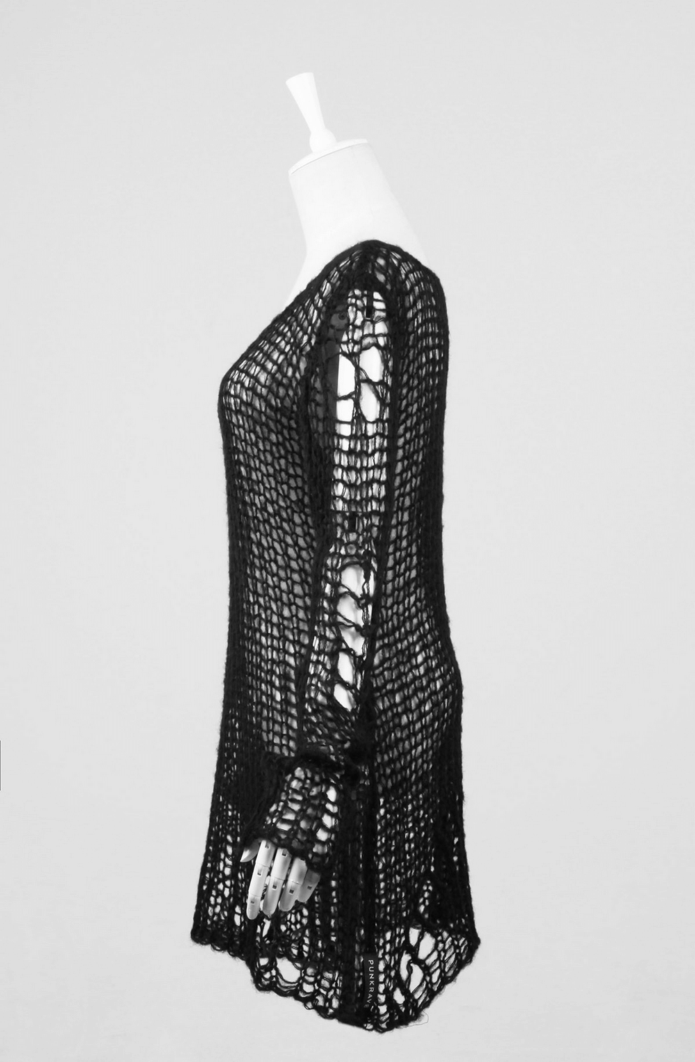 Black Shredded Knit Crocheted Sweater with Long Sleeves