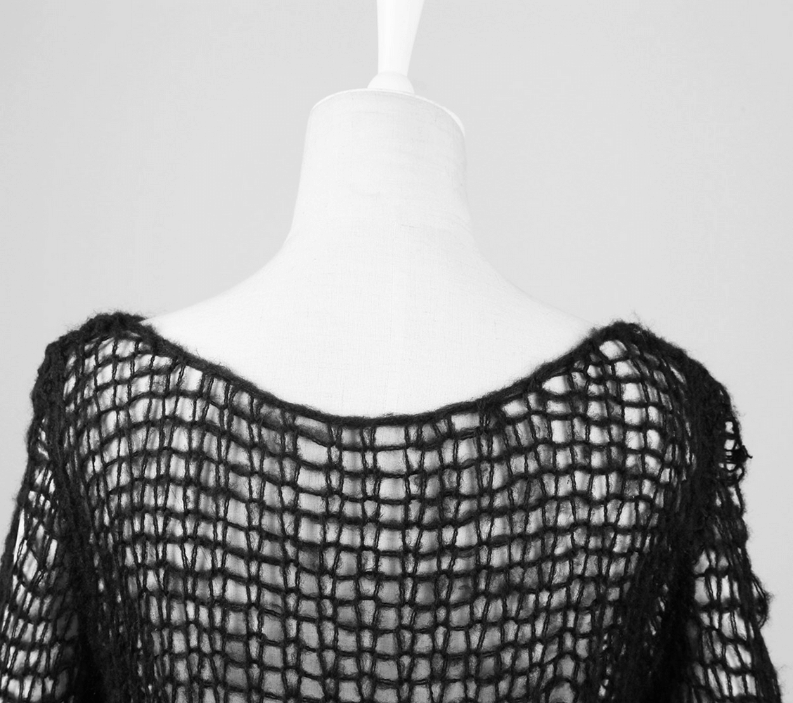 Black Shredded Knit Crocheted Sweater with Long Sleeves