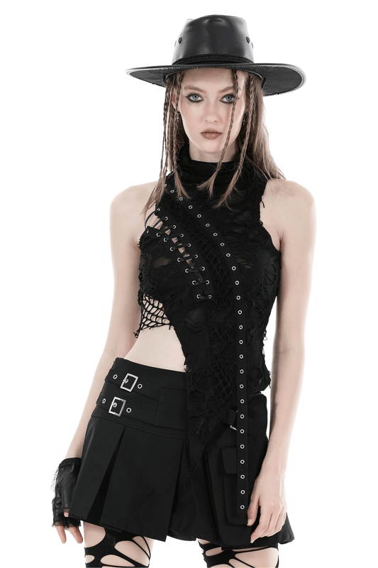 Black Sleeveless Lace Up Asymmetric Turtleneck Top