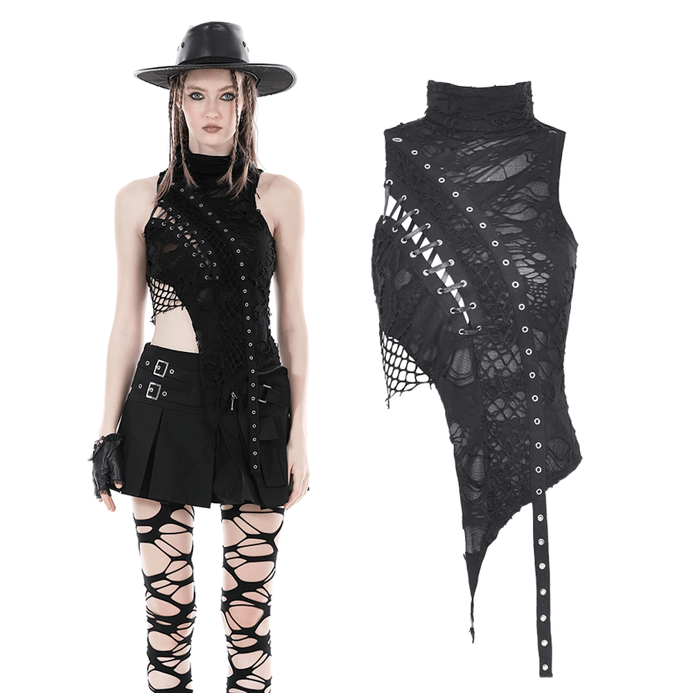 Black Sleeveless Lace Up Asymmetric Turtleneck Top