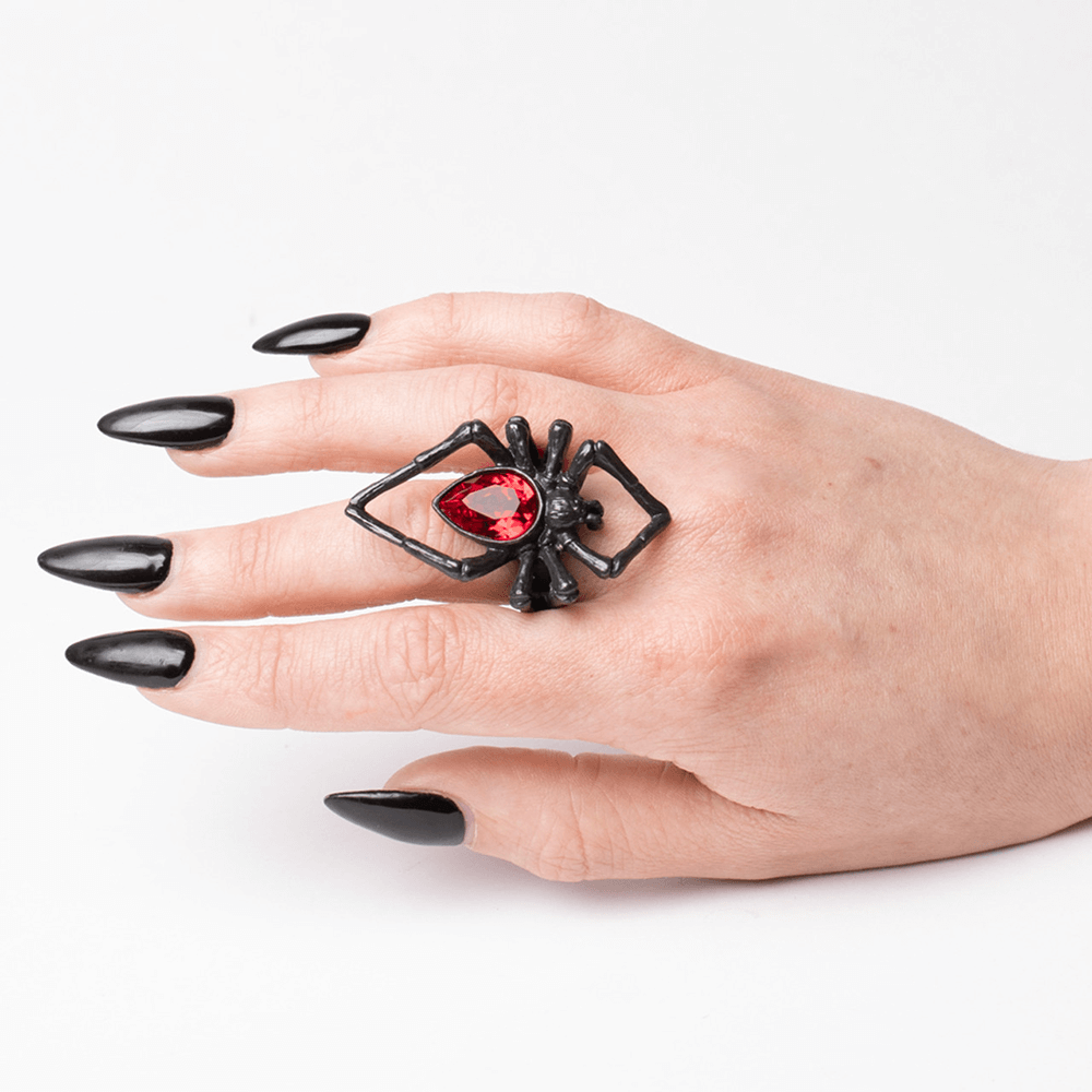 Black Spider Ring with Red Crystal - Gothic Jewelry
