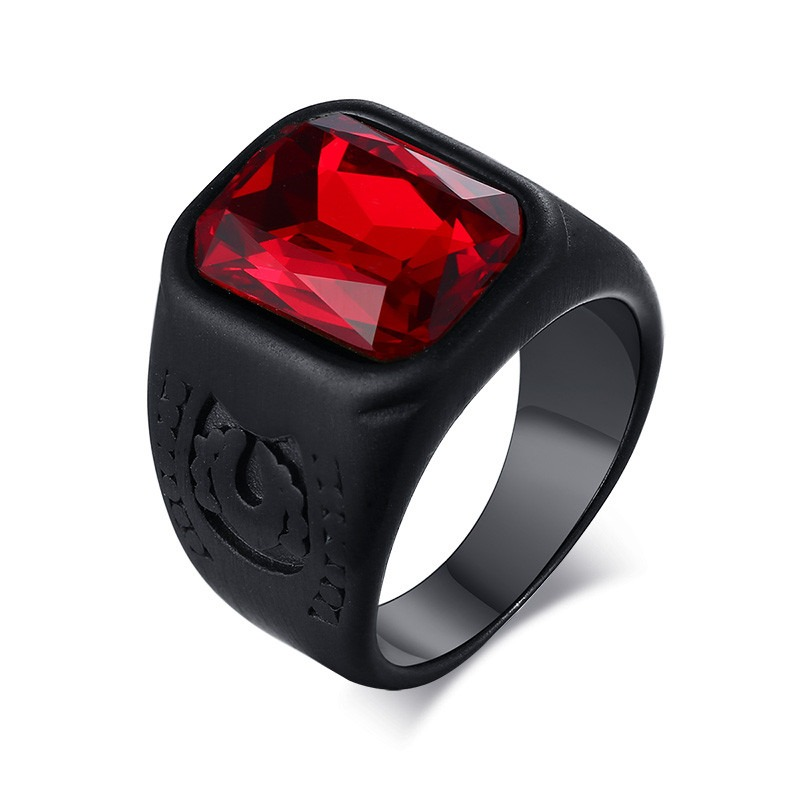 Black Stainless Steel Ring With Red Jewelry Glass / Cool Men's And Women's Finger Accessories