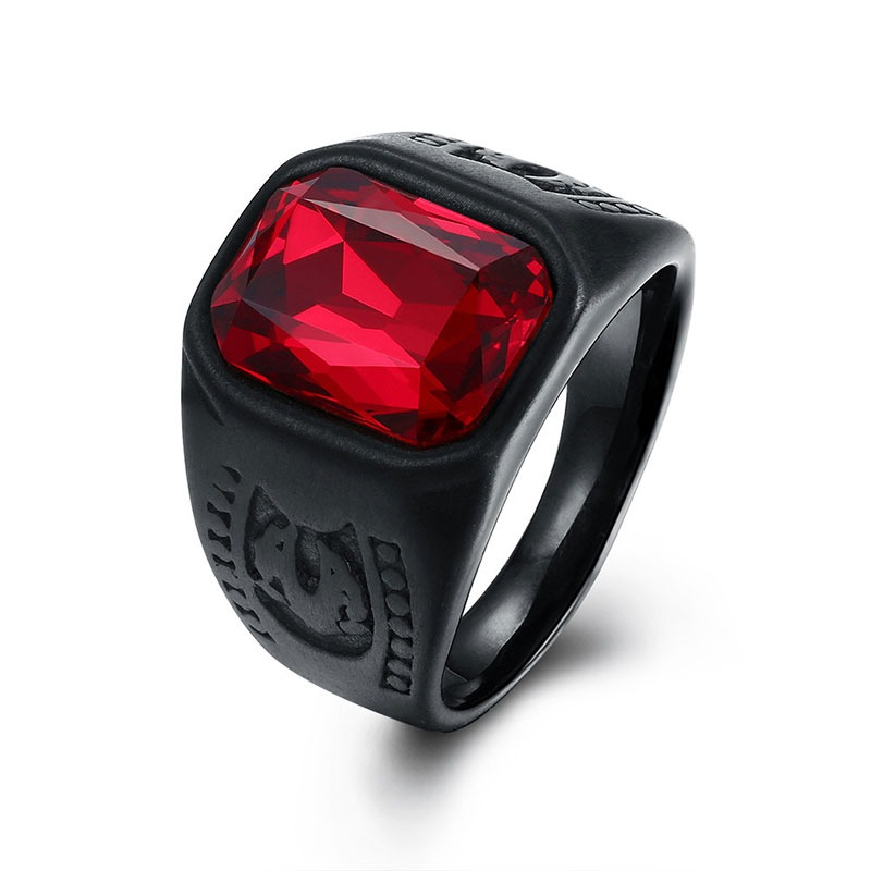 Black Stainless Steel Ring With Red Jewelry Glass / Cool Men's And Women's Finger Accessories