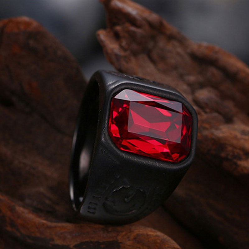 Black Stainless Steel Ring With Red Jewelry Glass / Cool Men's And Women's Finger Accessories