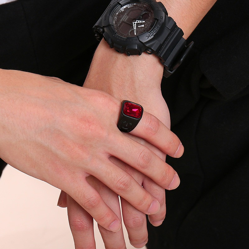 Black Stainless Steel Ring With Red Jewelry Glass / Cool Men's And Women's Finger Accessories