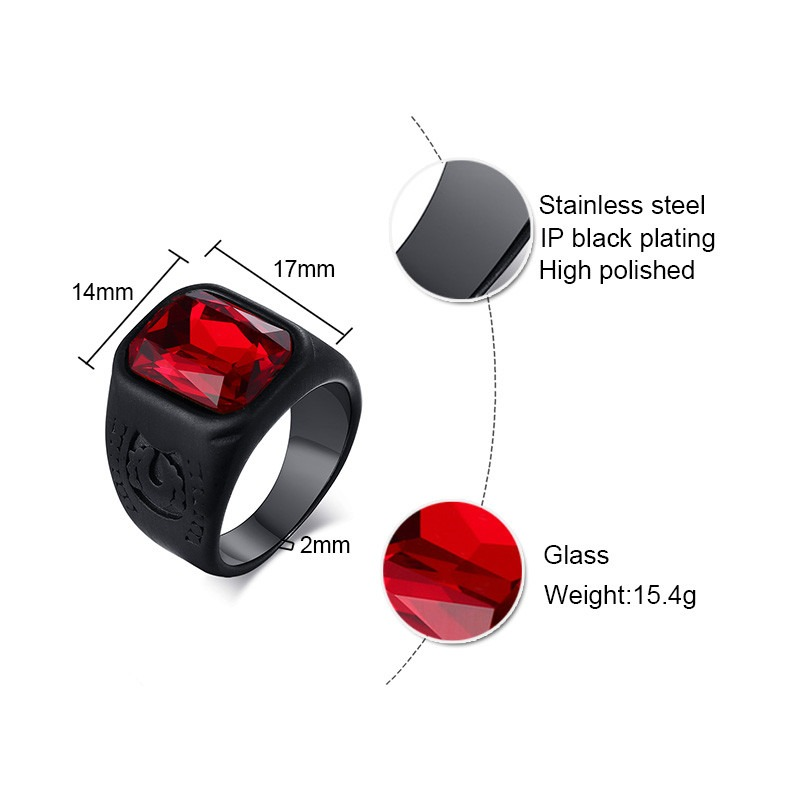 Black Stainless Steel Ring With Red Jewelry Glass / Cool Men's And Women's Finger Accessories