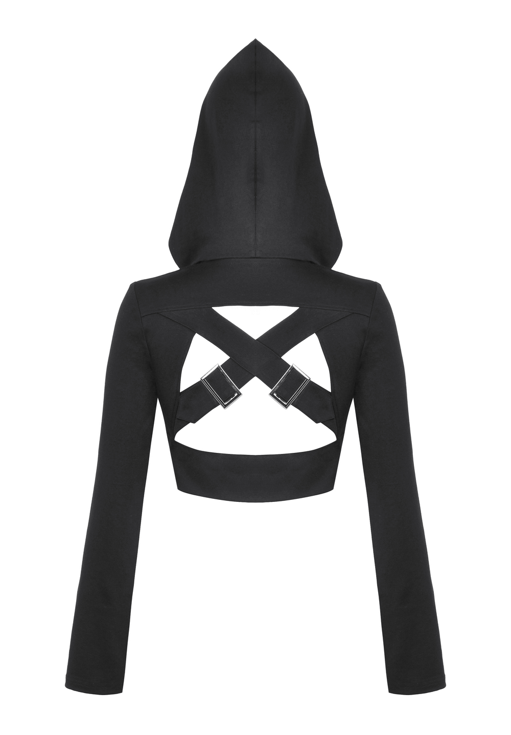 Black Strappy Hooded Crop Top with Buckle Accents