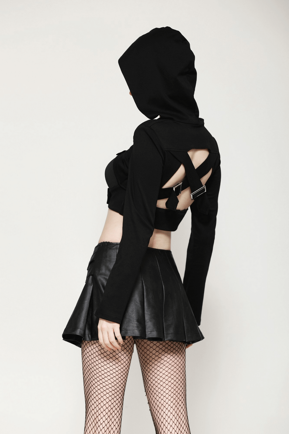 Black Strappy Hooded Crop Top with Buckle Accents