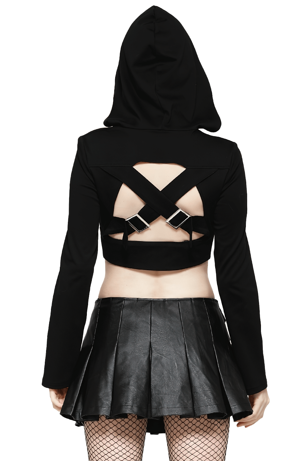 Black Strappy Hooded Crop Top with Buckle Accents