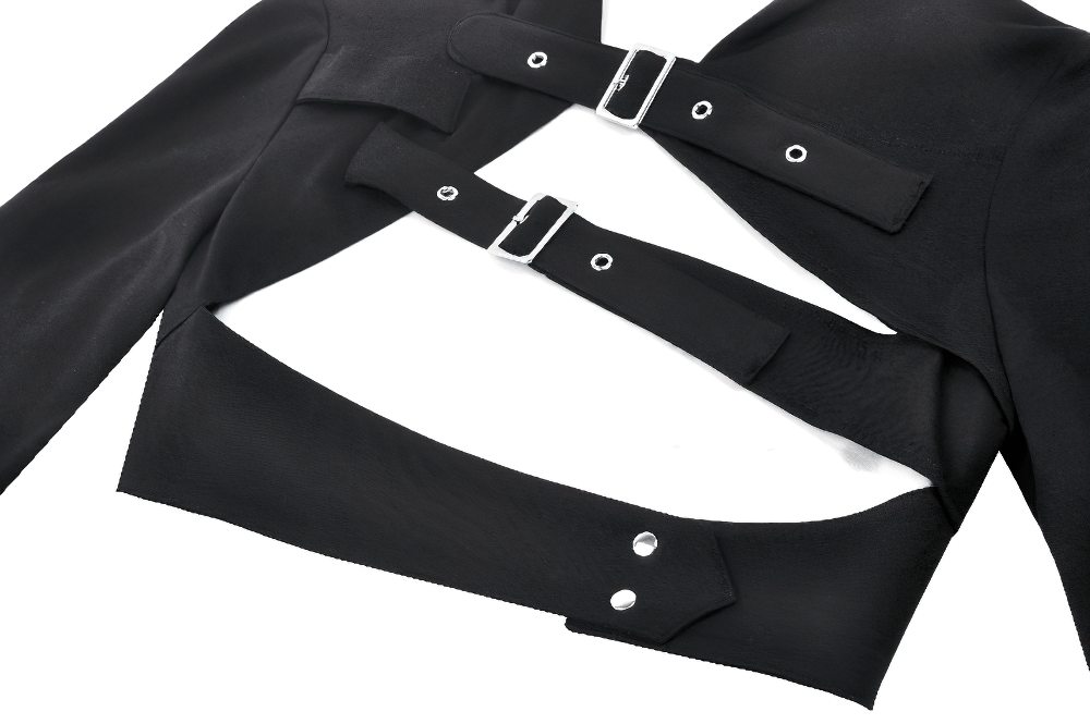 Black Strappy Hooded Crop Top with Buckle Accents