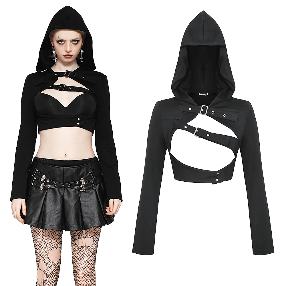 Black Strappy Hooded Crop Top with Buckle Accents